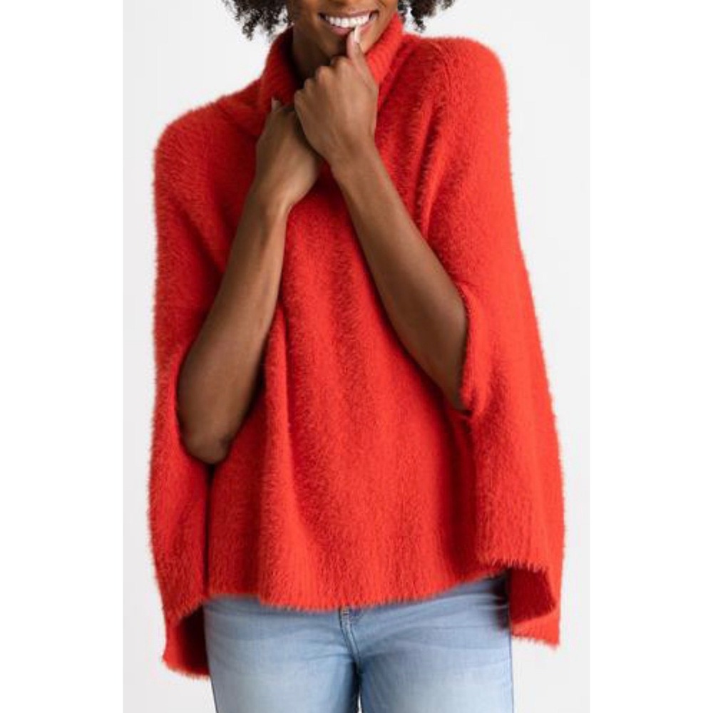 Mer-Sea Fuzzy Knit Cowl Neck Poncho Sweater Orange Red One Size OS Arm Slits - Picture 11 of 11